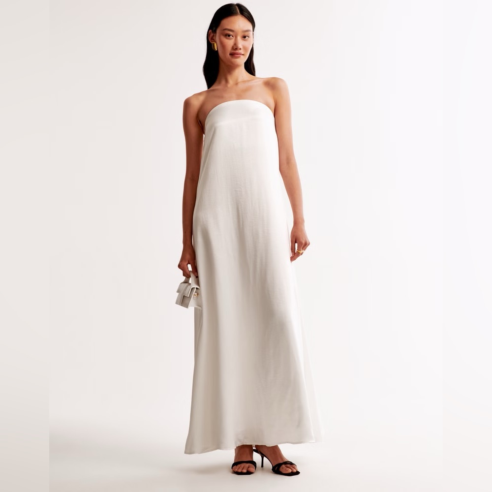 Abercrombie Strapless Satin Trapeze Maxi Dress Pearl White Bridal Small NWT
